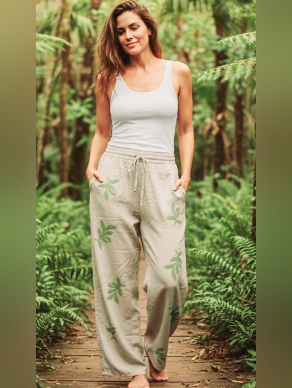 Zara Beige Wide-Leg Linen Pants with Green Leaf Print